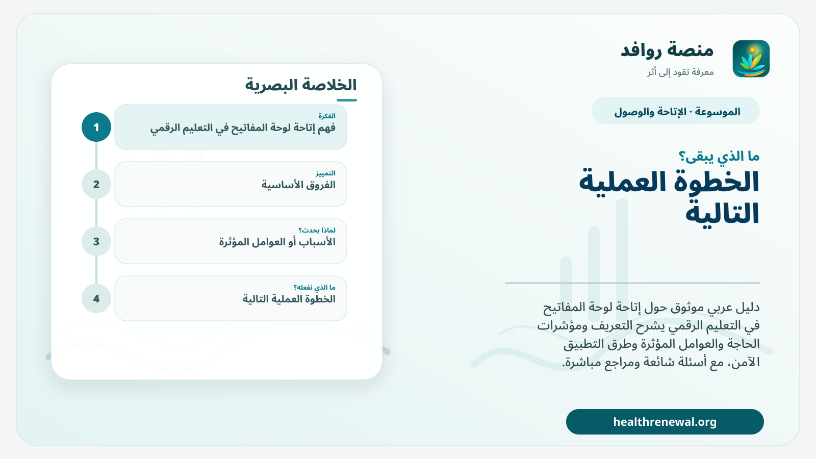 مخطط ختامي من منصة روافد يلخص «إتاحة لوحة المفاتيح في التعليم الرقمي» ويعرض أهم المحاور والخطوات التالية