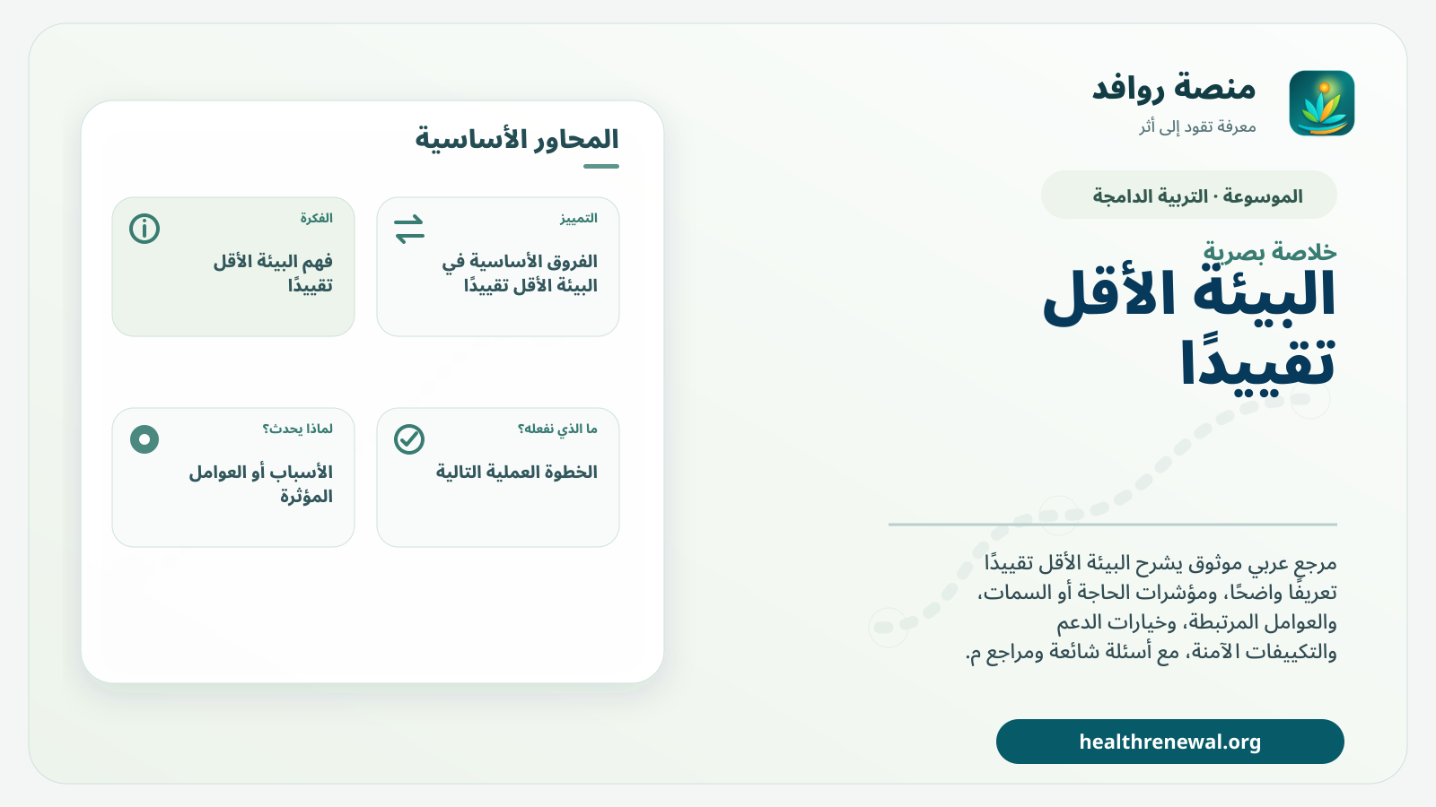 صورة بارزة من منصة روافد تلخص «البيئة الأقل تقييدًا» بصريًا وفق محاور الصفحة الأساسية