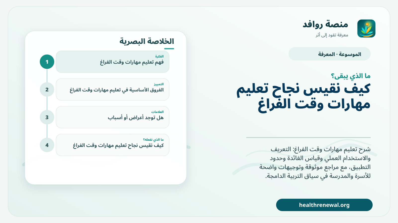 مخطط ختامي من منصة روافد يلخص «تعليم مهارات وقت الفراغ» ويعرض أهم المحاور والخطوات التالية