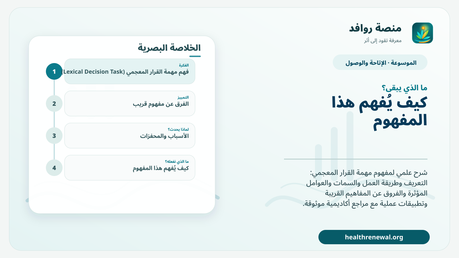 مخطط ختامي من منصة روافد يلخص «مهمة القرار المعجمي (Lexical Decision Task)» ويعرض أهم المحاور والخطوات التالية