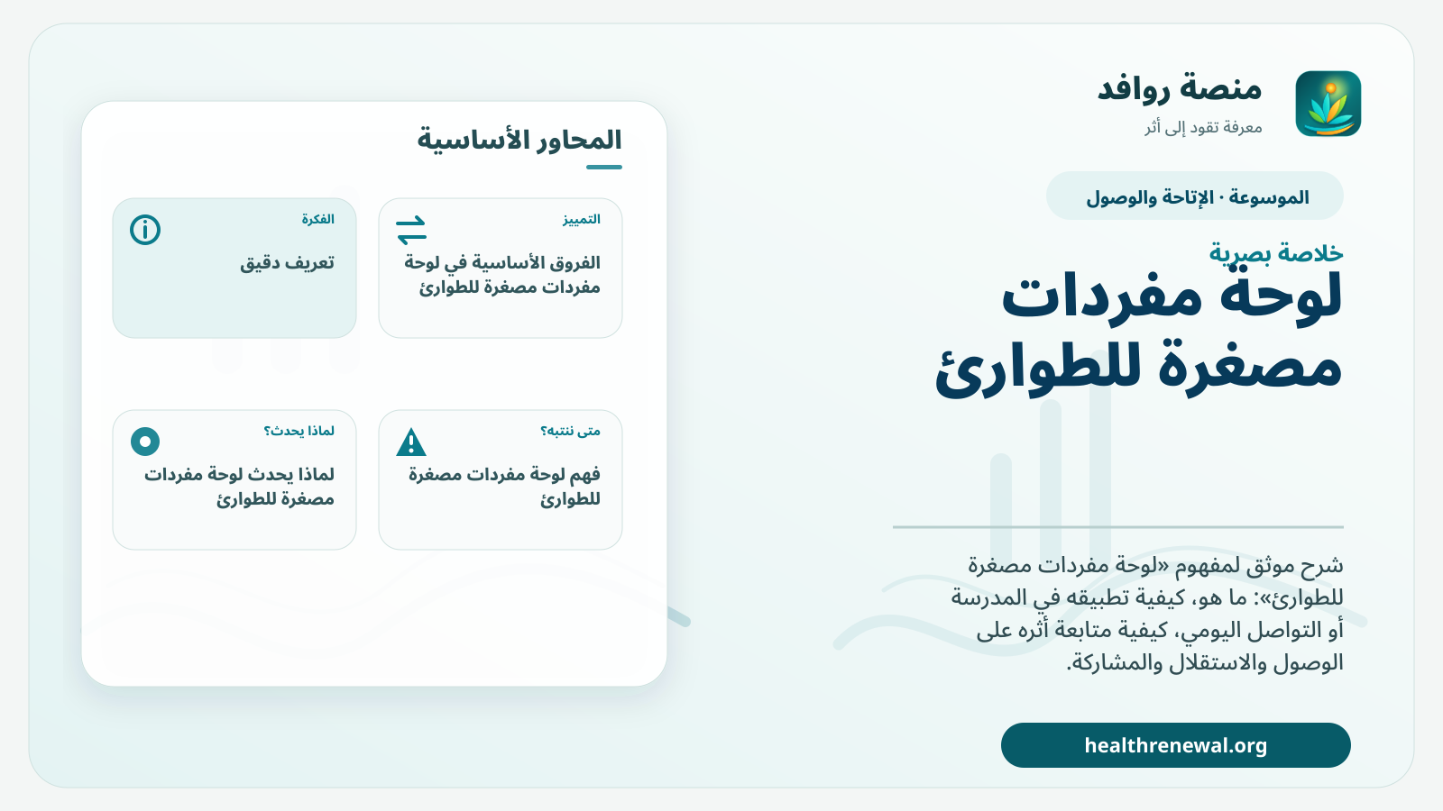 صورة بارزة من منصة روافد تلخص «لوحة مفردات مصغرة للطوارئ» بصريًا وفق محاور الصفحة الأساسية