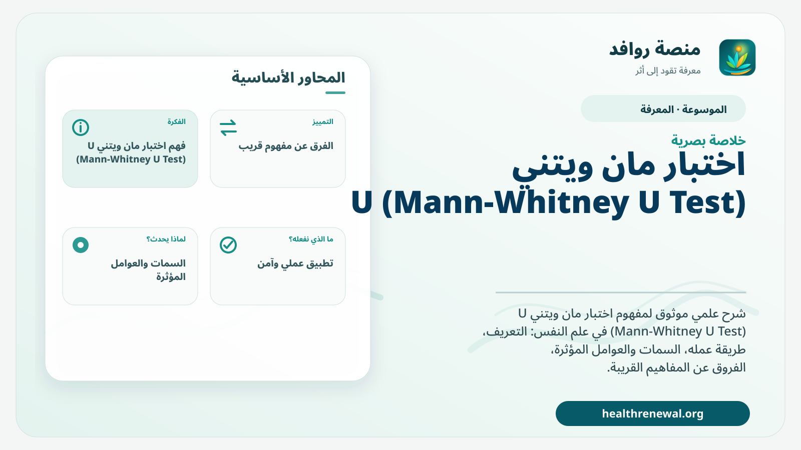 صورة بارزة من منصة روافد تلخص «اختبار مان ويتني U (Mann-Whitney U Test)» بصريًا وفق محاور الصفحة الأساسية