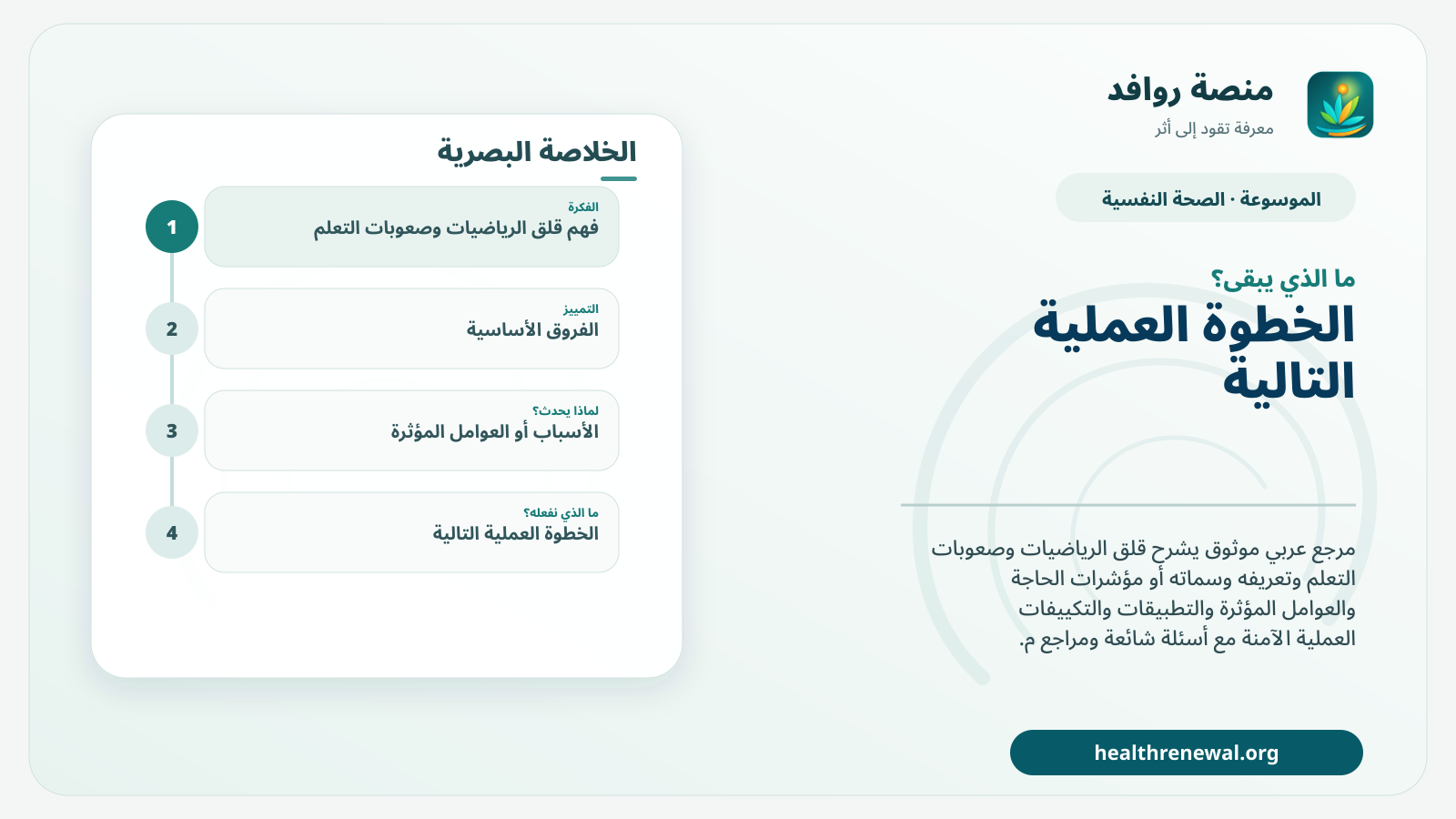 مخطط ختامي من منصة روافد يلخص «قلق الرياضيات وصعوبات التعلم» ويعرض أهم المحاور والخطوات التالية