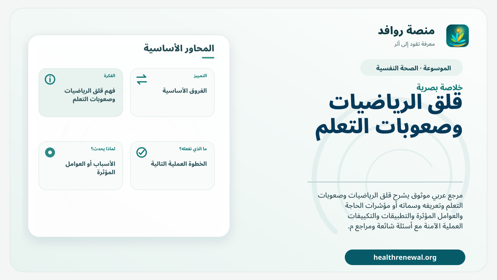 صورة بارزة من منصة روافد تلخص «قلق الرياضيات وصعوبات التعلم» بصريًا وفق محاور الصفحة الأساسية