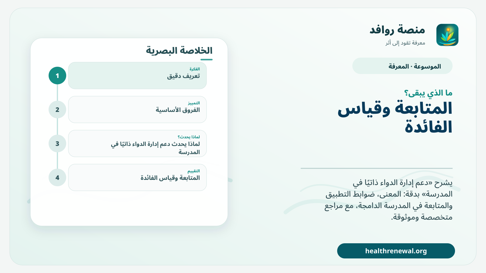 مخطط ختامي من منصة روافد يلخص «دعم إدارة الدواء ذاتيًا في المدرسة» ويعرض أهم المحاور والخطوات التالية