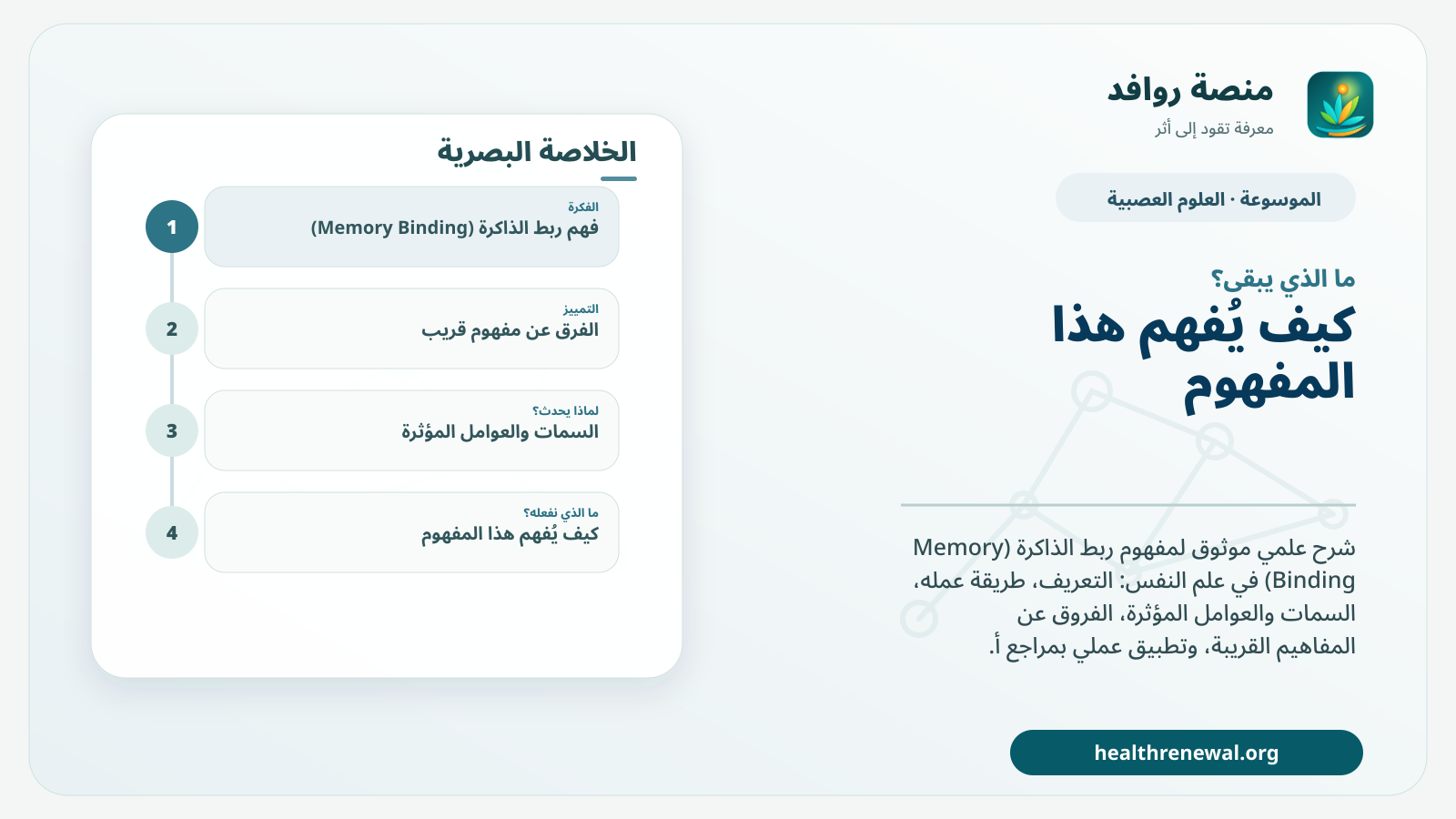 مخطط ختامي من منصة روافد يلخص «ربط الذاكرة (Memory Binding)» ويعرض أهم المحاور والخطوات التالية