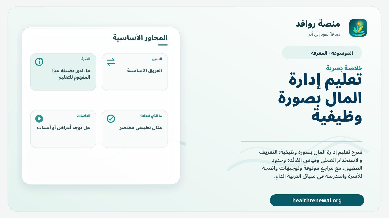 صورة بارزة من منصة روافد تلخص «تعليم إدارة المال بصورة وظيفية» بصريًا وفق محاور الصفحة الأساسية