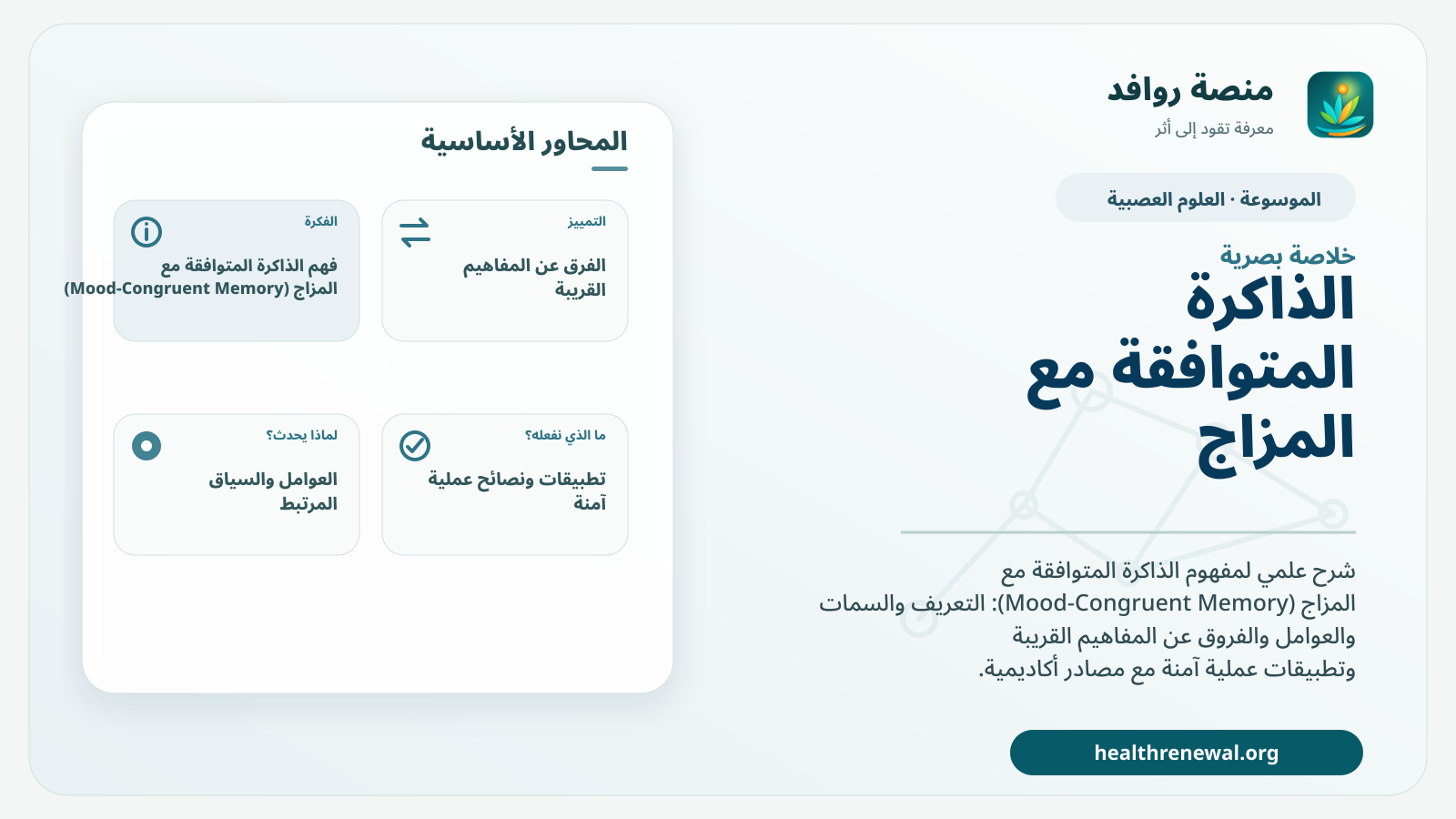 صورة بارزة من منصة روافد تلخص «الذاكرة المتوافقة مع المزاج (Mood-Congruent Memory)» بصريًا وفق محاور الصفحة الأساسية
