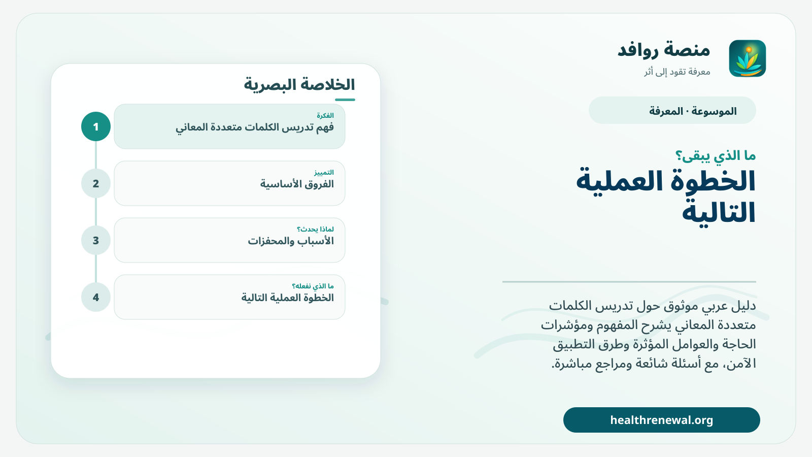 مخطط ختامي من منصة روافد يلخص «تدريس الكلمات متعددة المعاني» ويعرض أهم المحاور والخطوات التالية