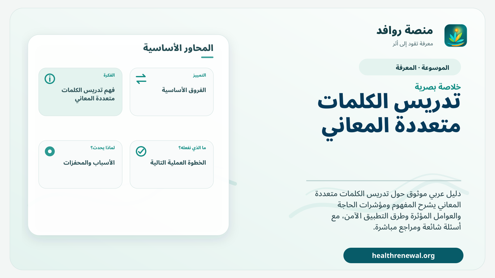 صورة بارزة من منصة روافد تلخص «تدريس الكلمات متعددة المعاني» بصريًا وفق محاور الصفحة الأساسية