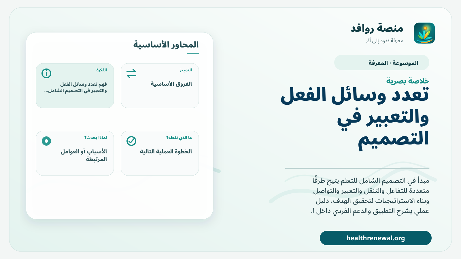 صورة بارزة من منصة روافد تلخص «تعدد وسائل الفعل والتعبير في التصميم الشامل للتعلم» بصريًا وفق محاور الصفحة الأساسية