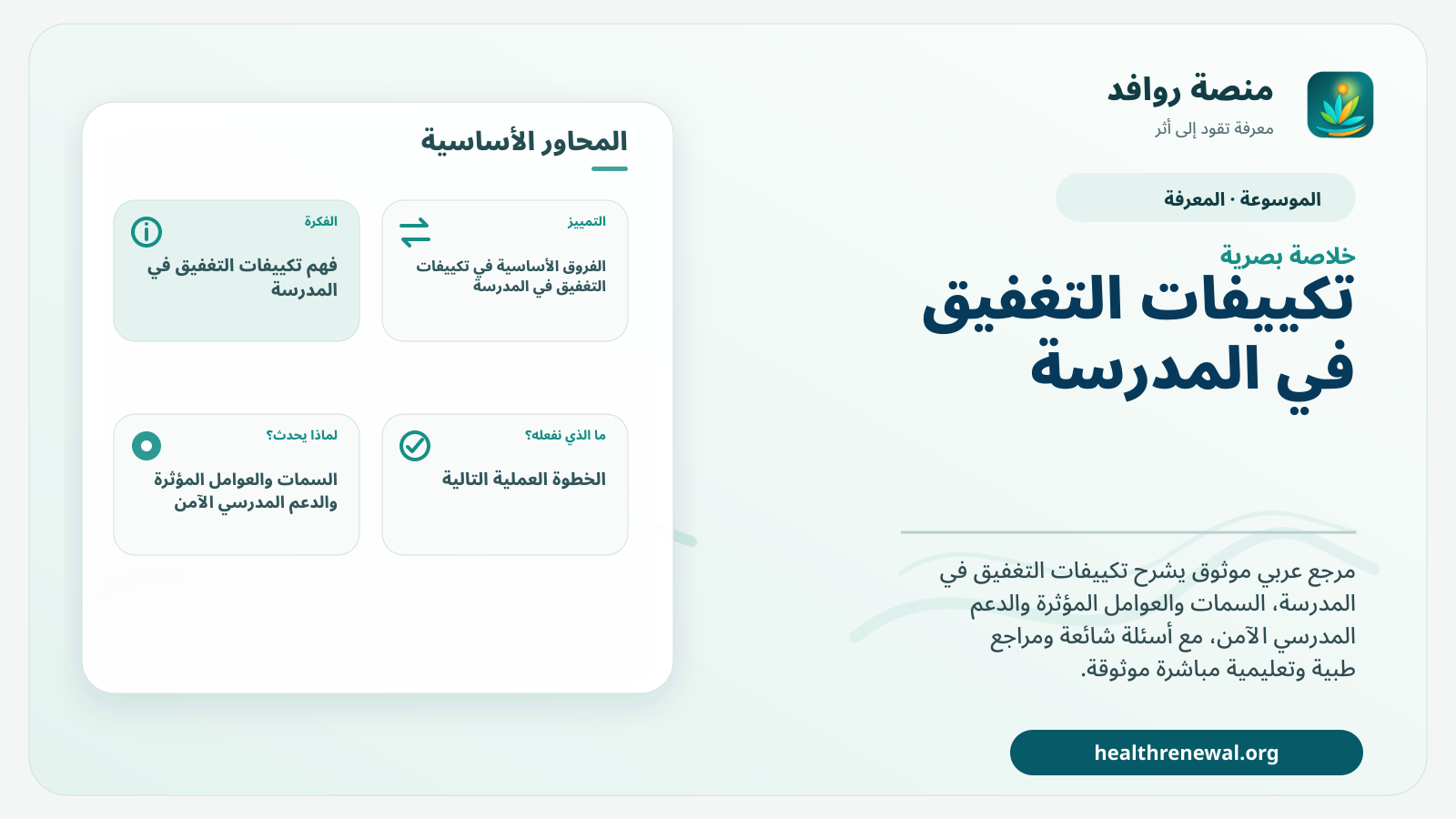 صورة بارزة من منصة روافد تلخص «تكييفات التغفيق في المدرسة» بصريًا وفق محاور الصفحة الأساسية