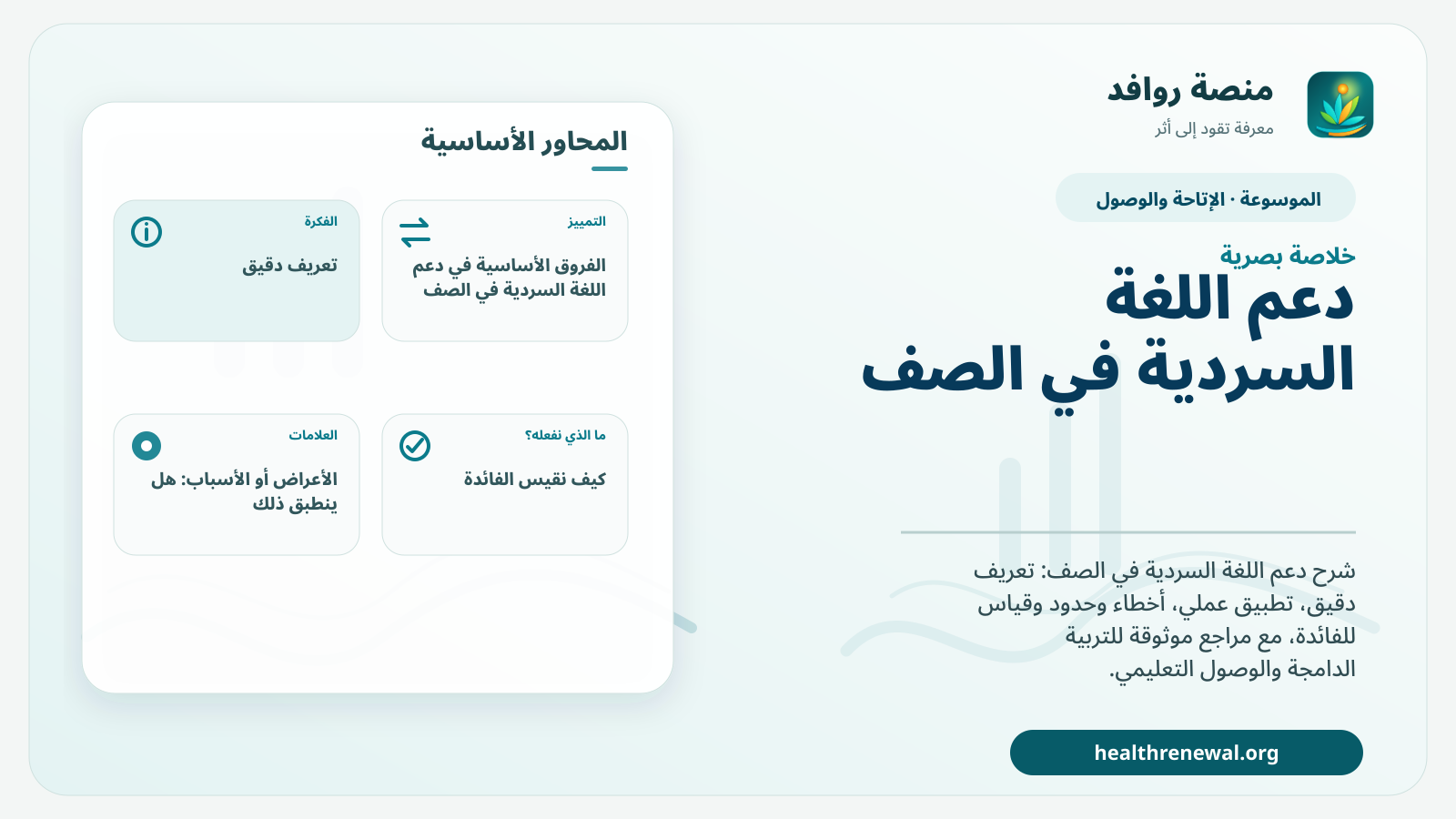 صورة بارزة من منصة روافد تلخص «دعم اللغة السردية في الصف» بصريًا وفق محاور الصفحة الأساسية
