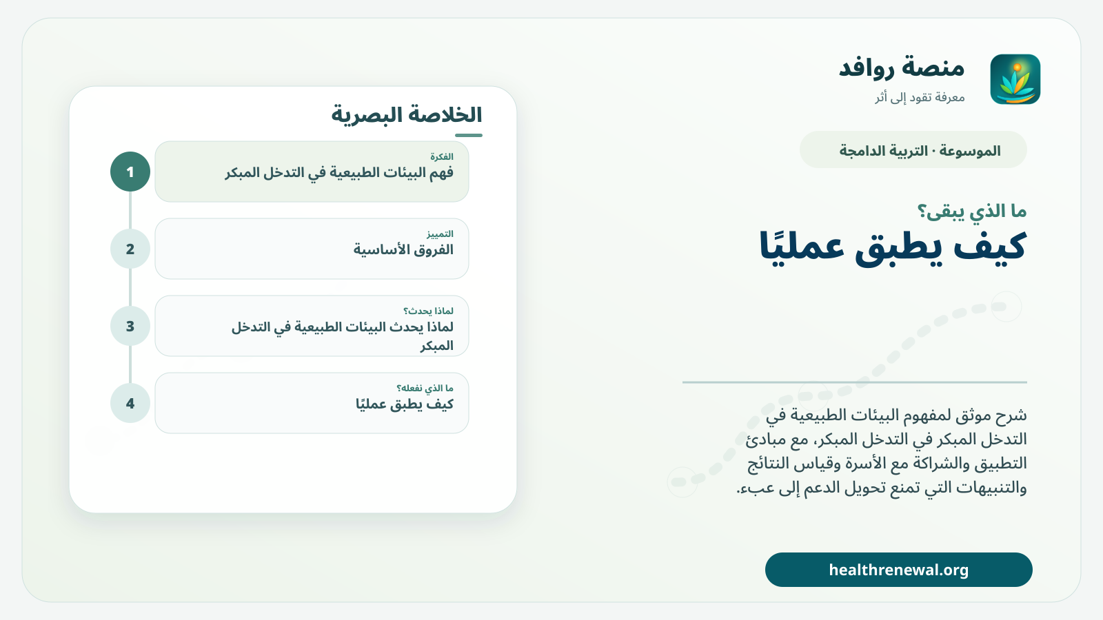 مخطط ختامي من منصة روافد يلخص «البيئات الطبيعية في التدخل المبكر» ويعرض أهم المحاور والخطوات التالية