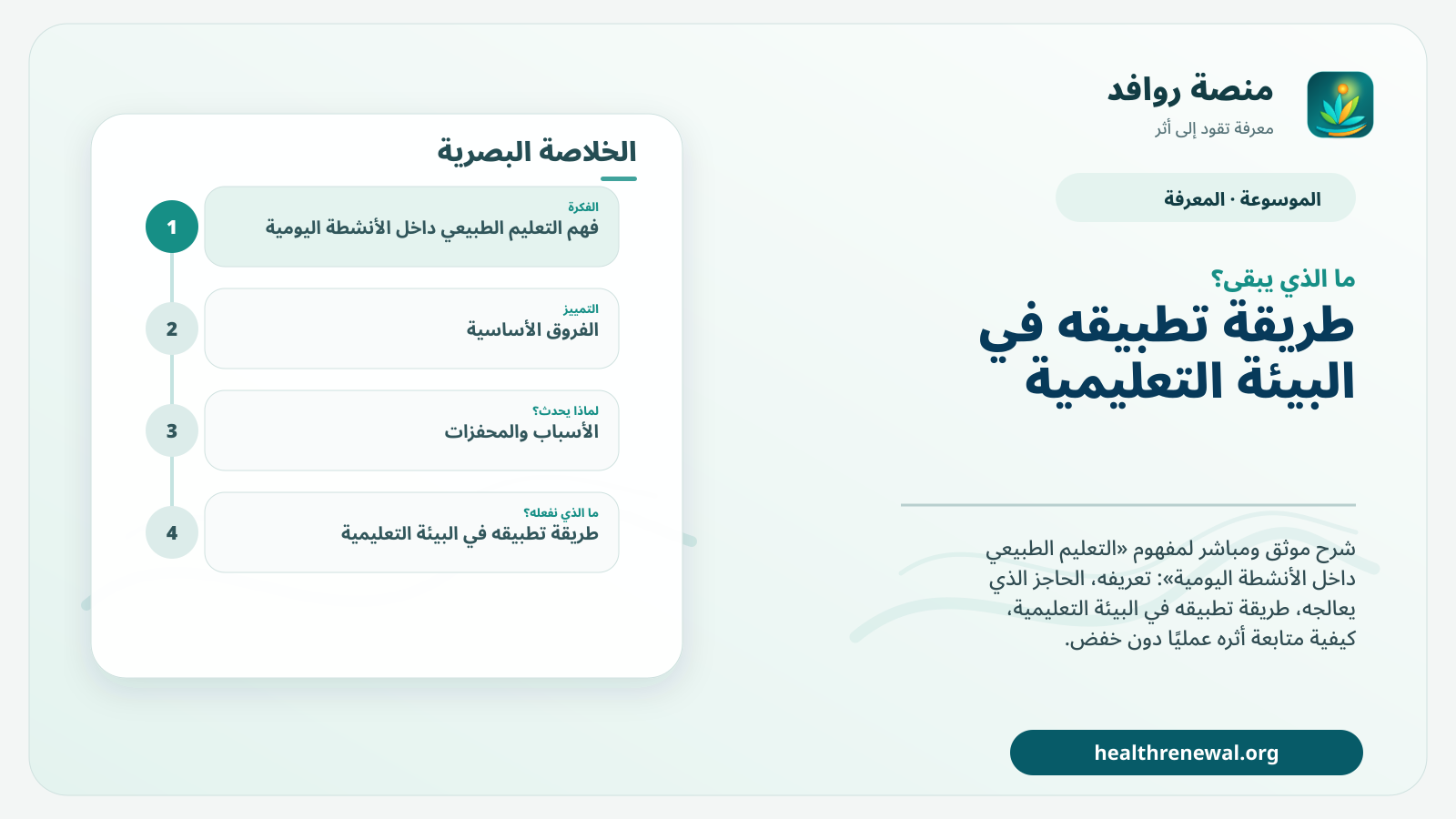 مخطط ختامي من منصة روافد يلخص «التعليم الطبيعي داخل الأنشطة اليومية» ويعرض أهم المحاور والخطوات التالية