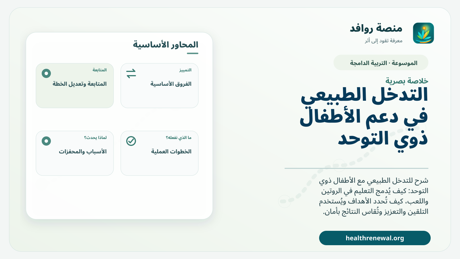 صورة بارزة من منصة روافد تلخص «التدخل الطبيعي في دعم الأطفال ذوي التوحد» بصريًا وفق محاور الصفحة الأساسية