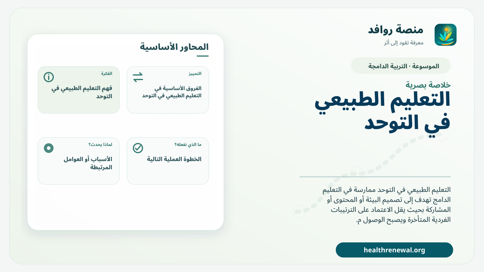 صورة بارزة من منصة روافد تلخص «التعليم الطبيعي في التوحد» بصريًا وفق محاور الصفحة الأساسية