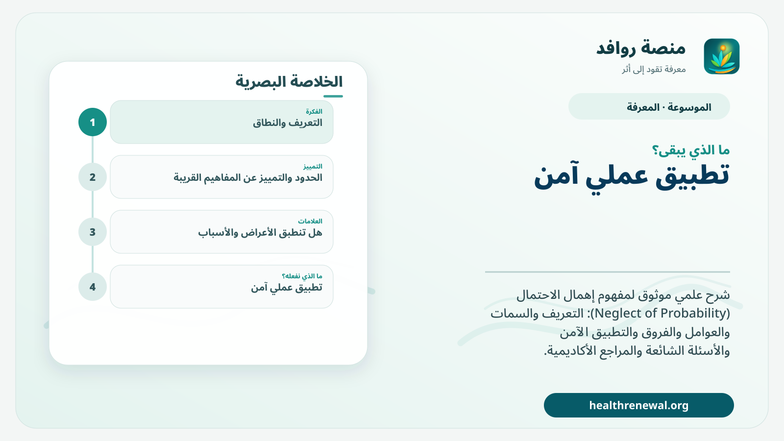 مخطط ختامي من منصة روافد يلخص «إهمال الاحتمال (Neglect of Probability)» ويعرض أهم المحاور والخطوات التالية