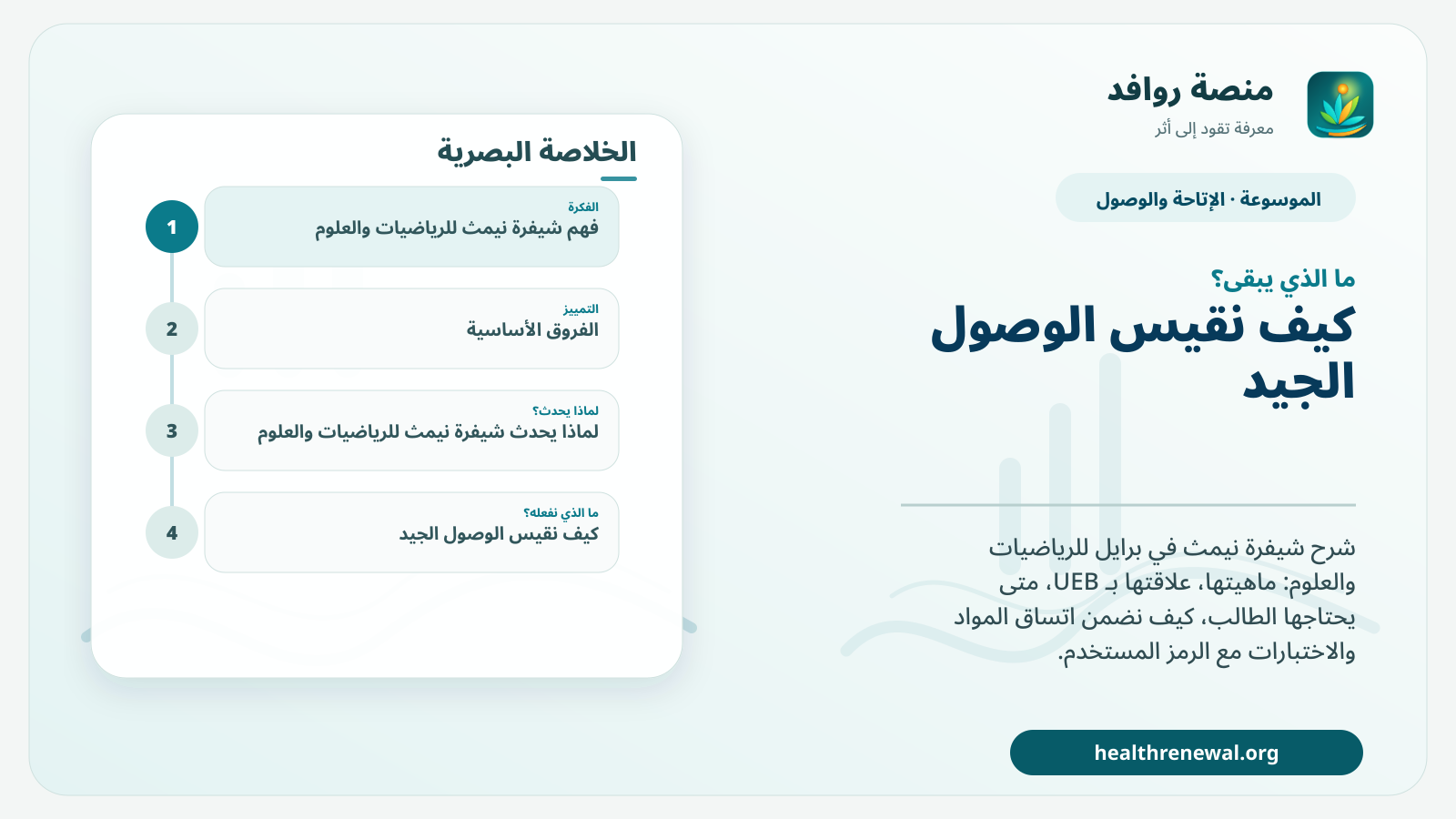 مخطط ختامي من منصة روافد يلخص «شيفرة نيمث للرياضيات والعلوم» ويعرض أهم المحاور والخطوات التالية