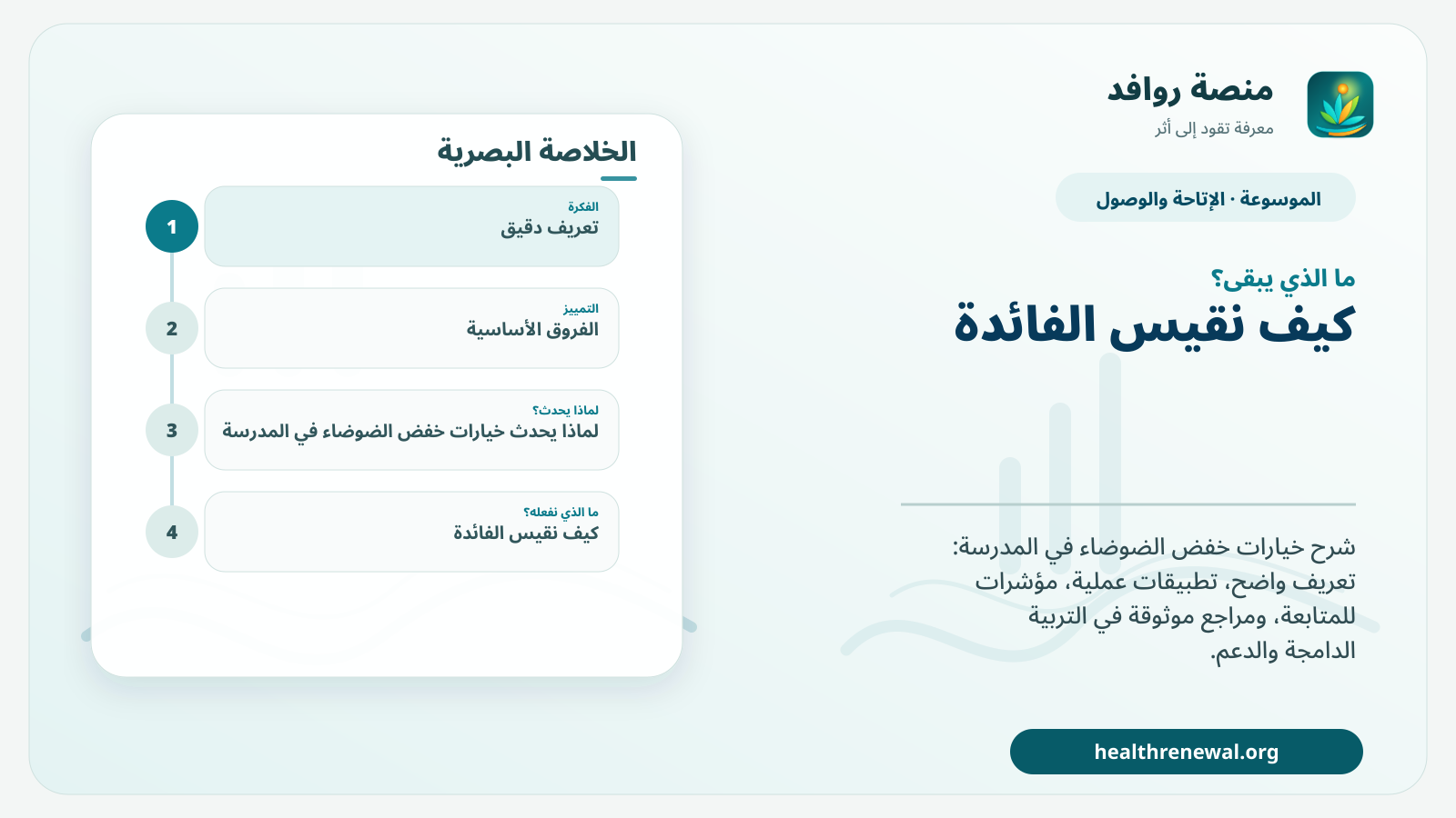 مخطط ختامي من منصة روافد يلخص «خيارات خفض الضوضاء في المدرسة» ويعرض أهم المحاور والخطوات التالية