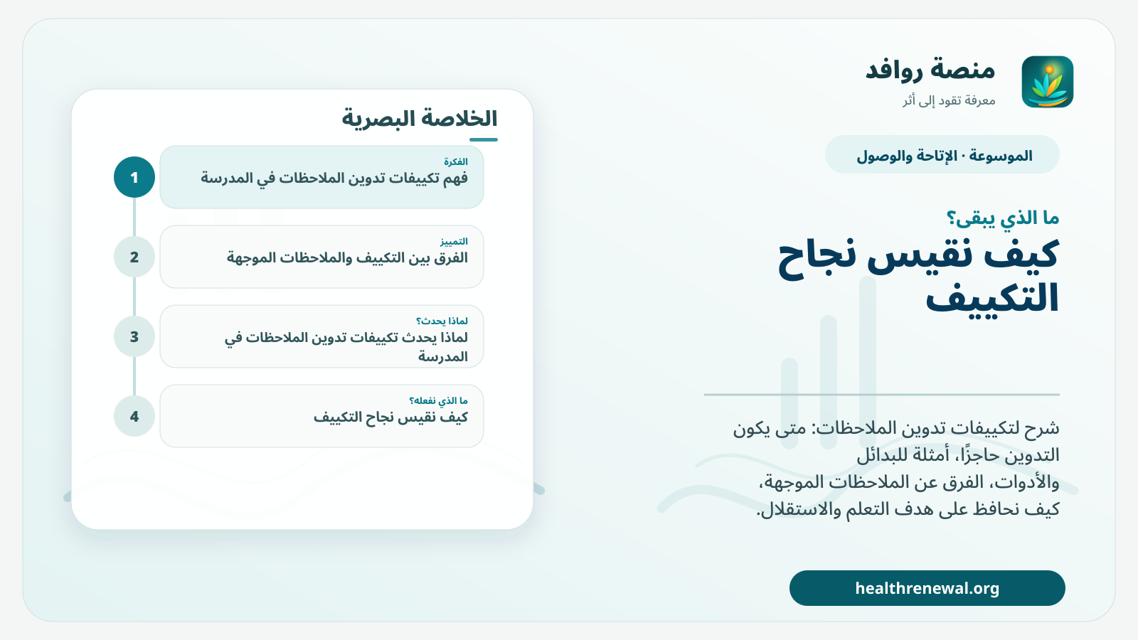 مخطط ختامي من منصة روافد يلخص «تكييفات تدوين الملاحظات في المدرسة» ويعرض أهم المحاور والخطوات التالية