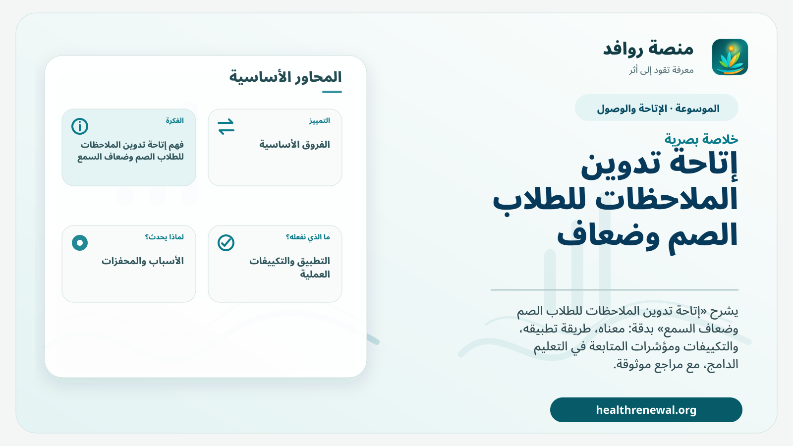 صورة بارزة من منصة روافد تلخص «إتاحة تدوين الملاحظات للطلاب الصم وضعاف السمع» بصريًا وفق محاور الصفحة الأساسية