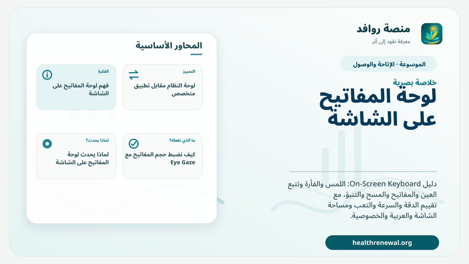 صورة بارزة من منصة روافد تلخص «لوحة المفاتيح على الشاشة: اللمس وتتبع العين والمفاتيح والمسح» بصريًا وفق محاور الصفحة الأساسية