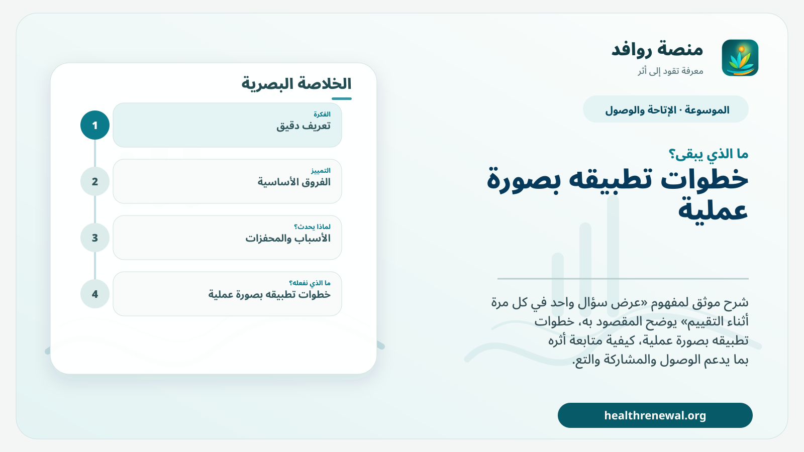 مخطط ختامي من منصة روافد يلخص «عرض سؤال واحد في كل مرة أثناء التقييم» ويعرض أهم المحاور والخطوات التالية