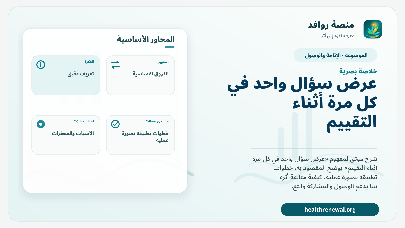 صورة بارزة من منصة روافد تلخص «عرض سؤال واحد في كل مرة أثناء التقييم» بصريًا وفق محاور الصفحة الأساسية