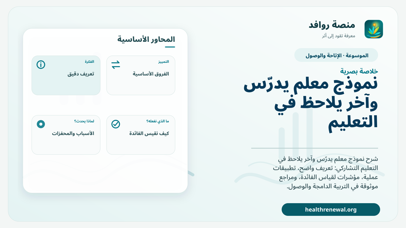 صورة بارزة من منصة روافد تلخص «نموذج معلم يدرّس وآخر يلاحظ في التعليم التشاركي» بصريًا وفق محاور الصفحة الأساسية