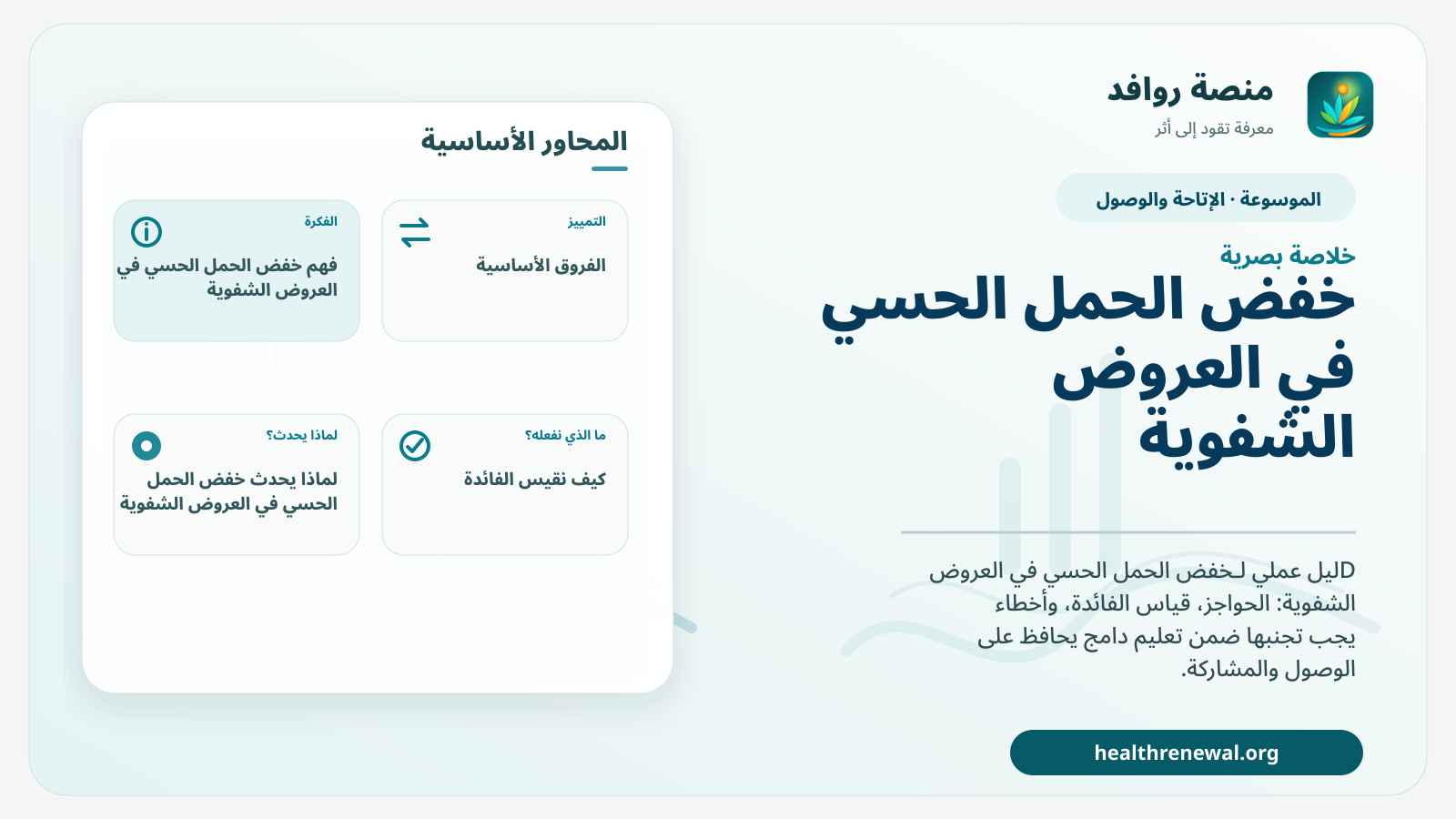 صورة بارزة من منصة روافد تلخص «خفض الحمل الحسي في العروض الشفوية» بصريًا وفق محاور الصفحة الأساسية