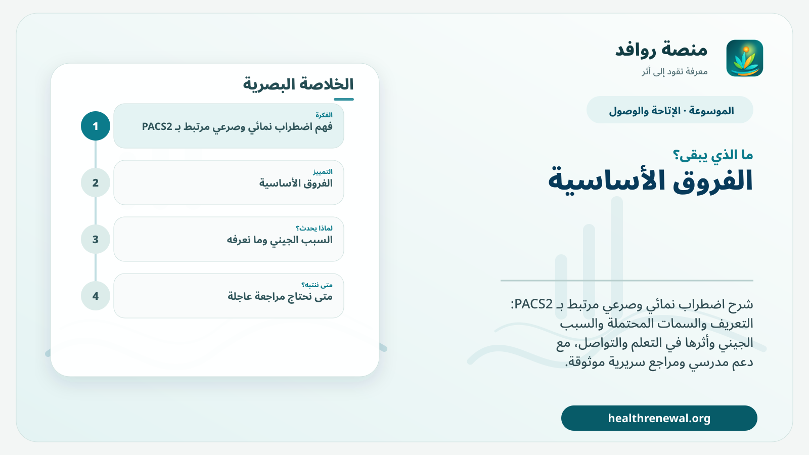 مخطط ختامي من منصة روافد يلخص «اضطراب نمائي وصرعي مرتبط بـ PACS2» ويعرض أهم المحاور والخطوات التالية