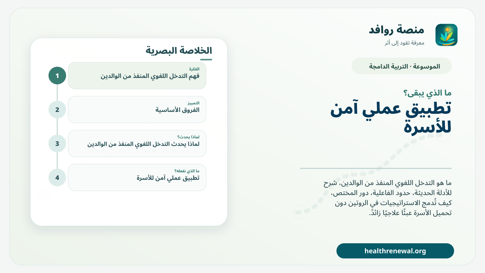 مخطط ختامي من منصة روافد يلخص «التدخل اللغوي المنفذ من الوالدين» ويعرض أهم المحاور والخطوات التالية