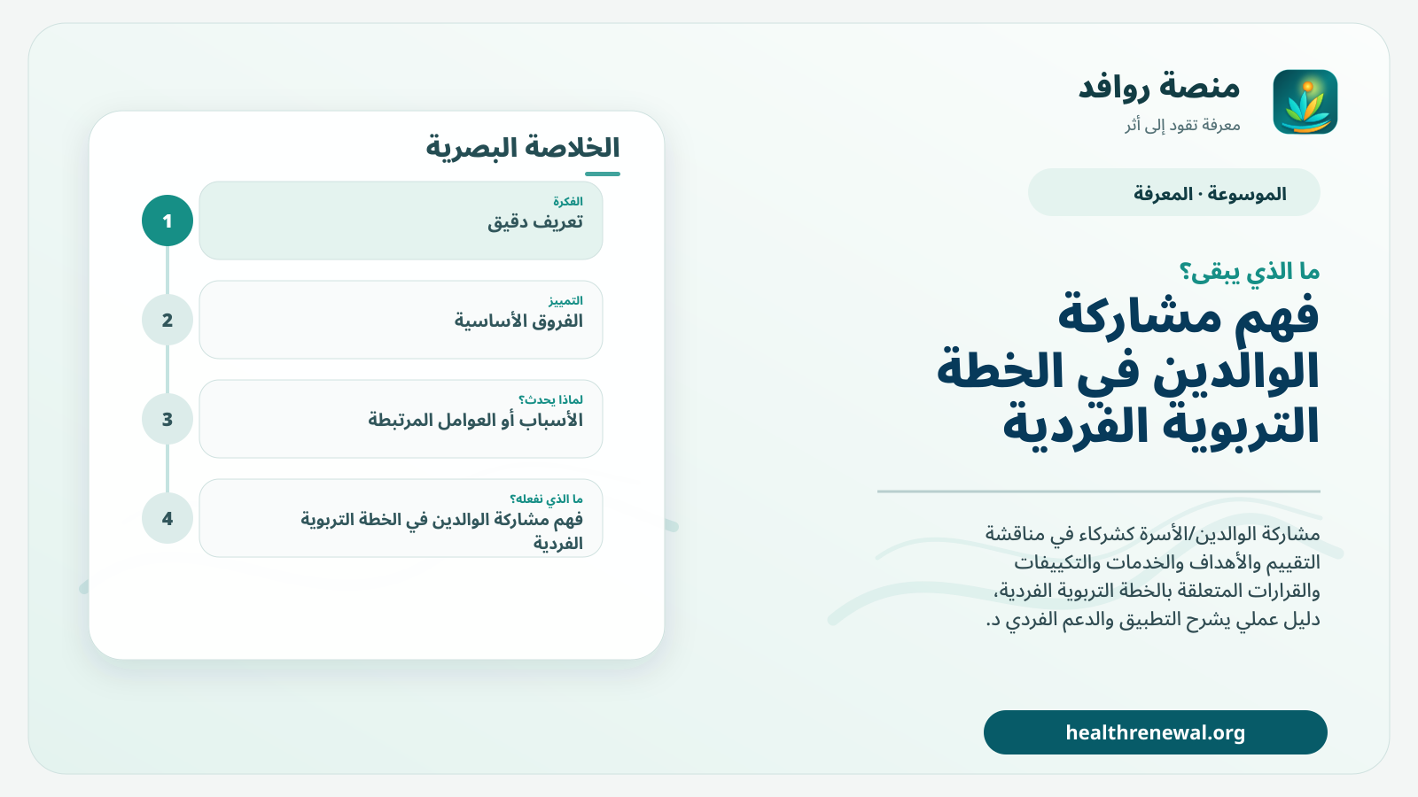 مخطط ختامي من منصة روافد يلخص «مشاركة الوالدين في الخطة التربوية الفردية» ويعرض أهم المحاور والخطوات التالية