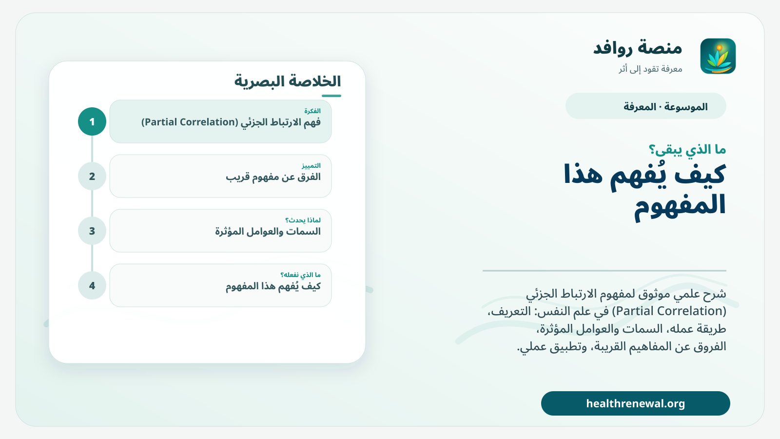 مخطط ختامي من منصة روافد يلخص «الارتباط الجزئي (Partial Correlation)» ويعرض أهم المحاور والخطوات التالية