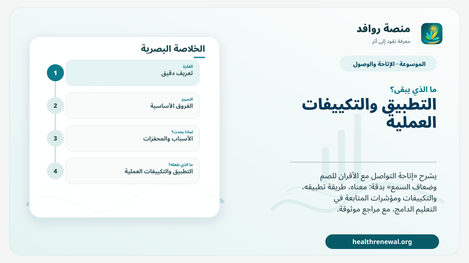 مخطط ختامي من منصة روافد يلخص «إتاحة التواصل مع الأقران للصم وضعاف السمع» ويعرض أهم المحاور والخطوات التالية