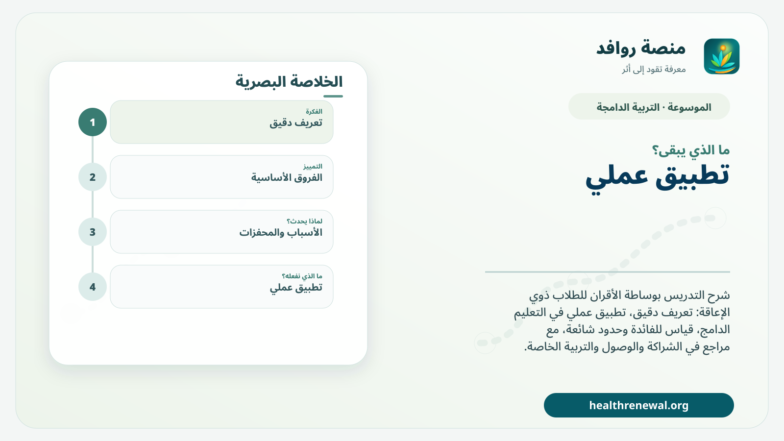 مخطط ختامي من منصة روافد يلخص «التدريس بوساطة الأقران للطلاب ذوي الإعاقة» ويعرض أهم المحاور والخطوات التالية