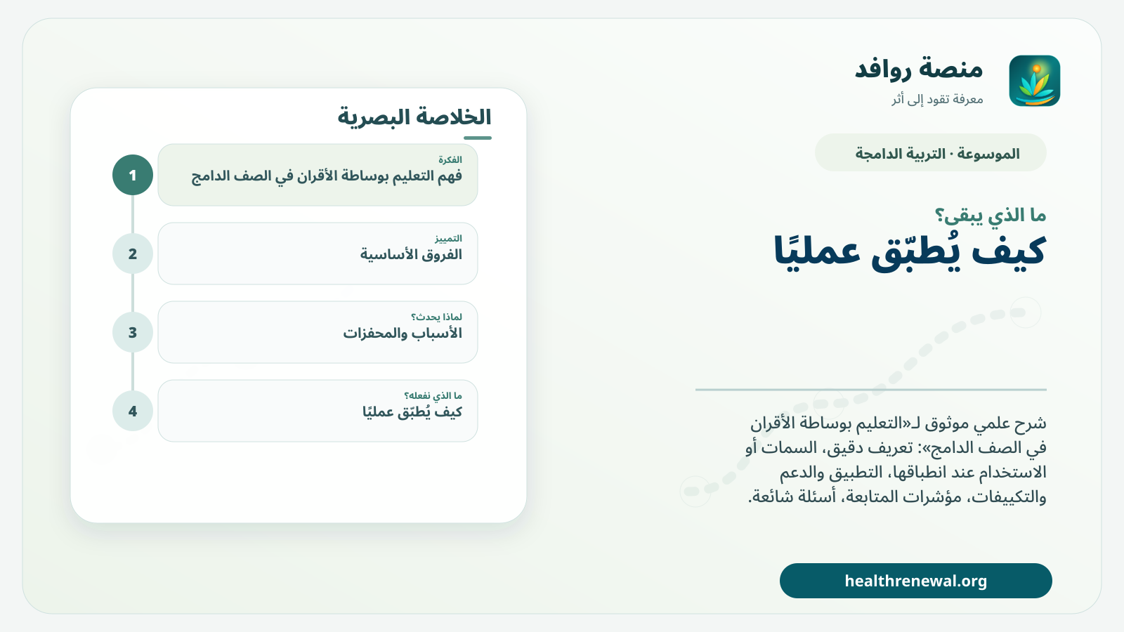 مخطط ختامي من منصة روافد يلخص «التعليم بوساطة الأقران في الصف الدامج» ويعرض أهم المحاور والخطوات التالية