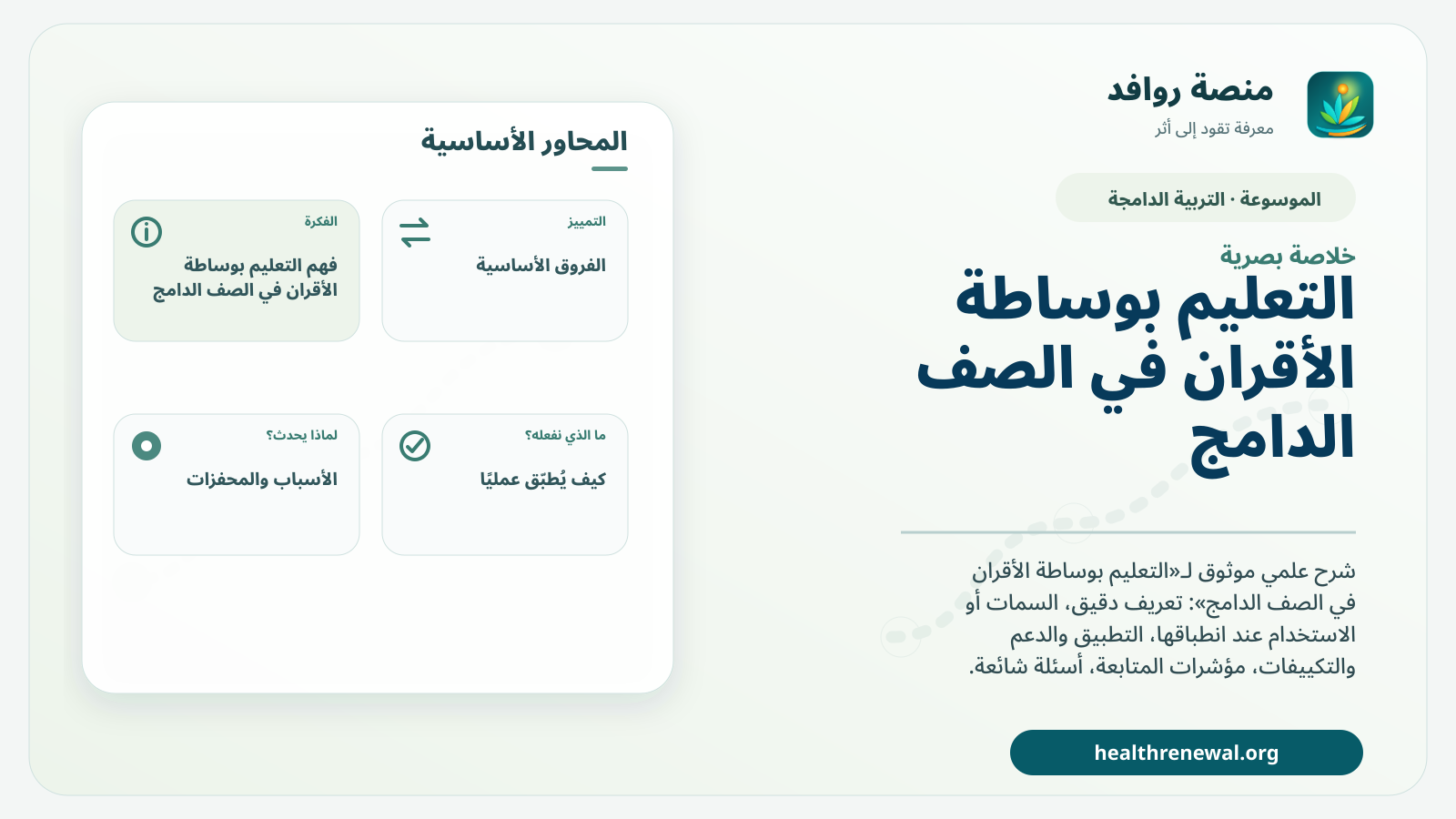 صورة بارزة من منصة روافد تلخص «التعليم بوساطة الأقران في الصف الدامج» بصريًا وفق محاور الصفحة الأساسية