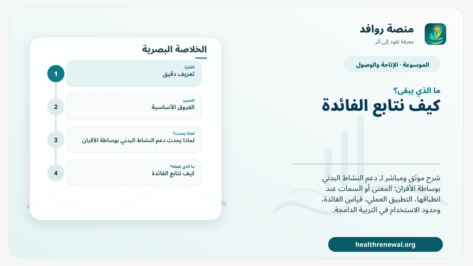 مخطط ختامي من منصة روافد يلخص «دعم النشاط البدني بوساطة الأقران» ويعرض أهم المحاور والخطوات التالية