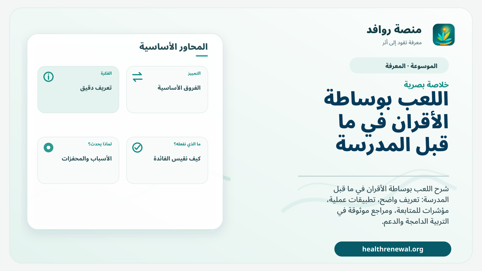 صورة بارزة من منصة روافد تلخص «اللعب بوساطة الأقران في ما قبل المدرسة» بصريًا وفق محاور الصفحة الأساسية