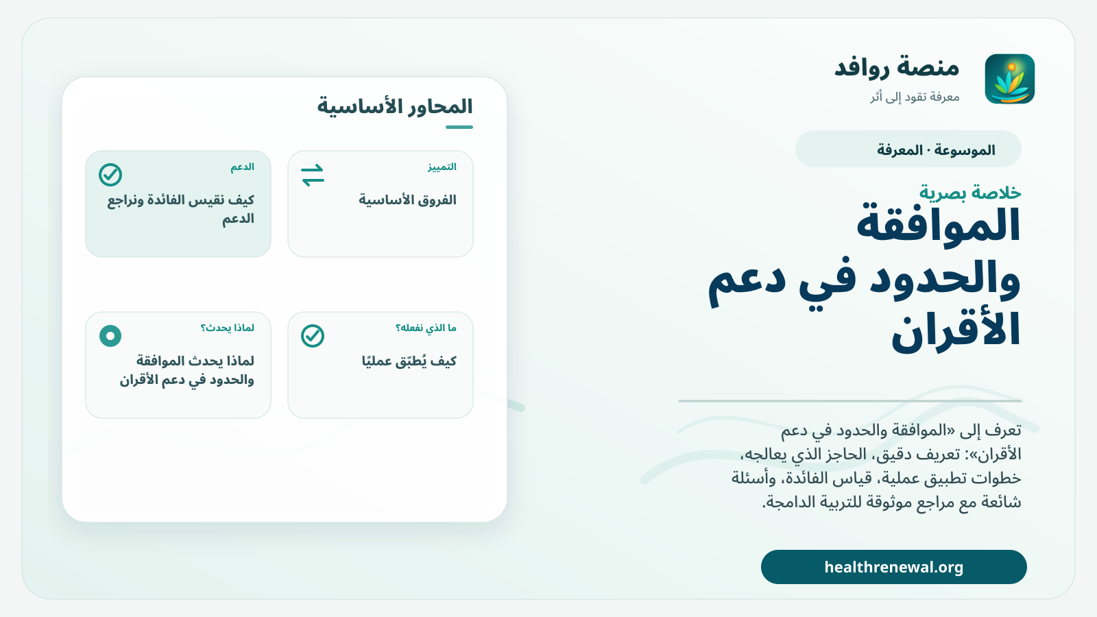 صورة بارزة من منصة روافد تلخص «الموافقة والحدود في دعم الأقران» بصريًا وفق محاور الصفحة الأساسية
