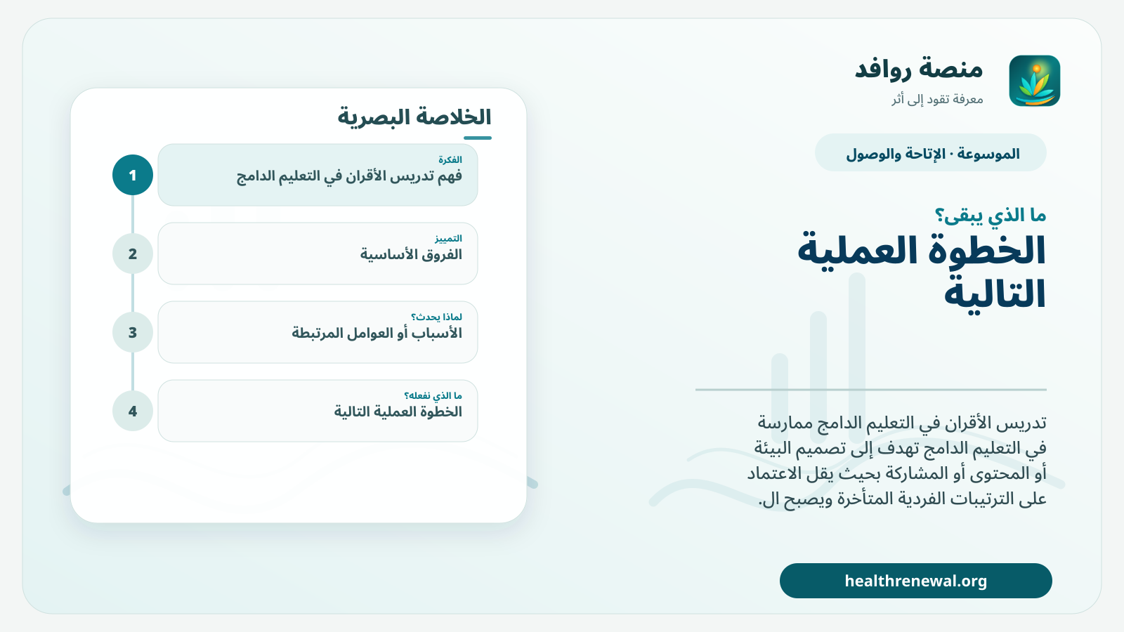 مخطط ختامي من منصة روافد يلخص «تدريس الأقران في التعليم الدامج» ويعرض أهم المحاور والخطوات التالية