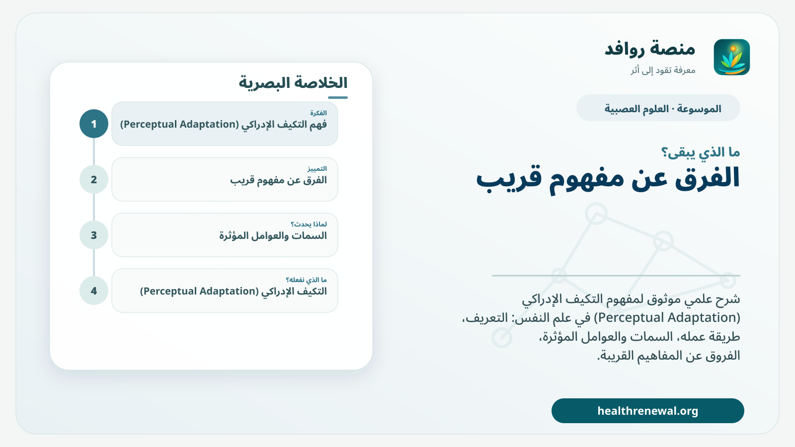 مخطط ختامي من منصة روافد يلخص «التكيف الإدراكي (Perceptual Adaptation)» ويعرض أهم المحاور والخطوات التالية