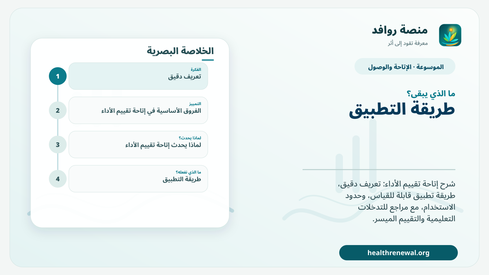 مخطط ختامي من منصة روافد يلخص «إتاحة تقييم الأداء» ويعرض أهم المحاور والخطوات التالية