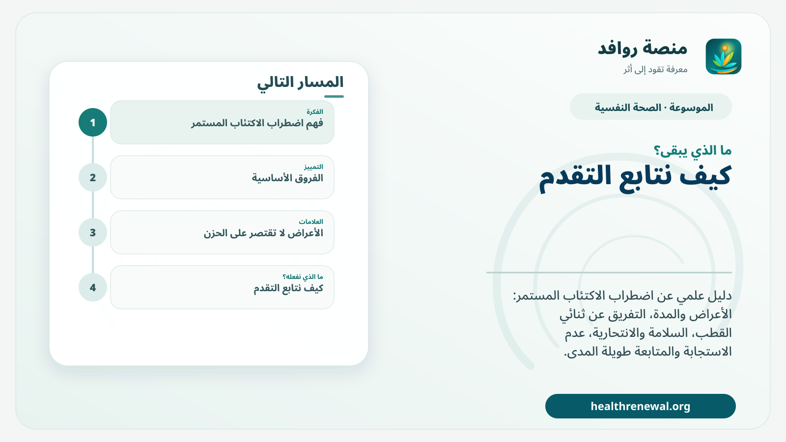مخطط ختامي من منصة روافد يلخص «اضطراب الاكتئاب المستمر: التشخيص والعلاج والمتابعة طويلة المدى» ويعرض أهم المحاور والخطوات التالية