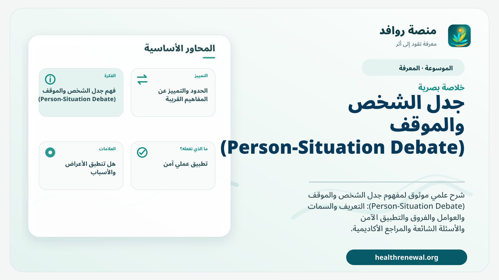 صورة بارزة من منصة روافد تلخص «جدل الشخص والموقف (Person-Situation Debate)» بصريًا وفق محاور الصفحة الأساسية