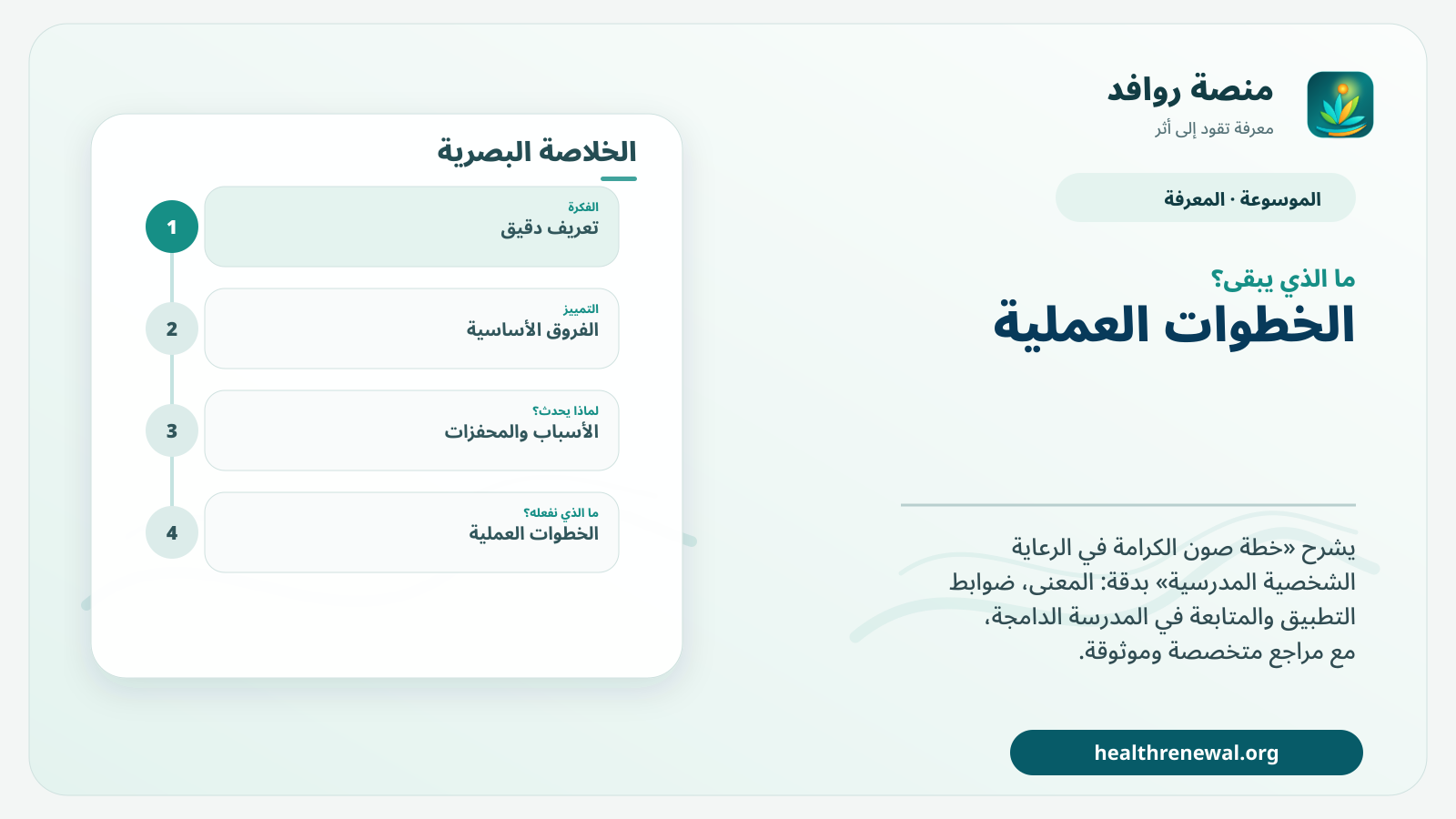 مخطط ختامي من منصة روافد يلخص «خطة صون الكرامة في الرعاية الشخصية المدرسية» ويعرض أهم المحاور والخطوات التالية