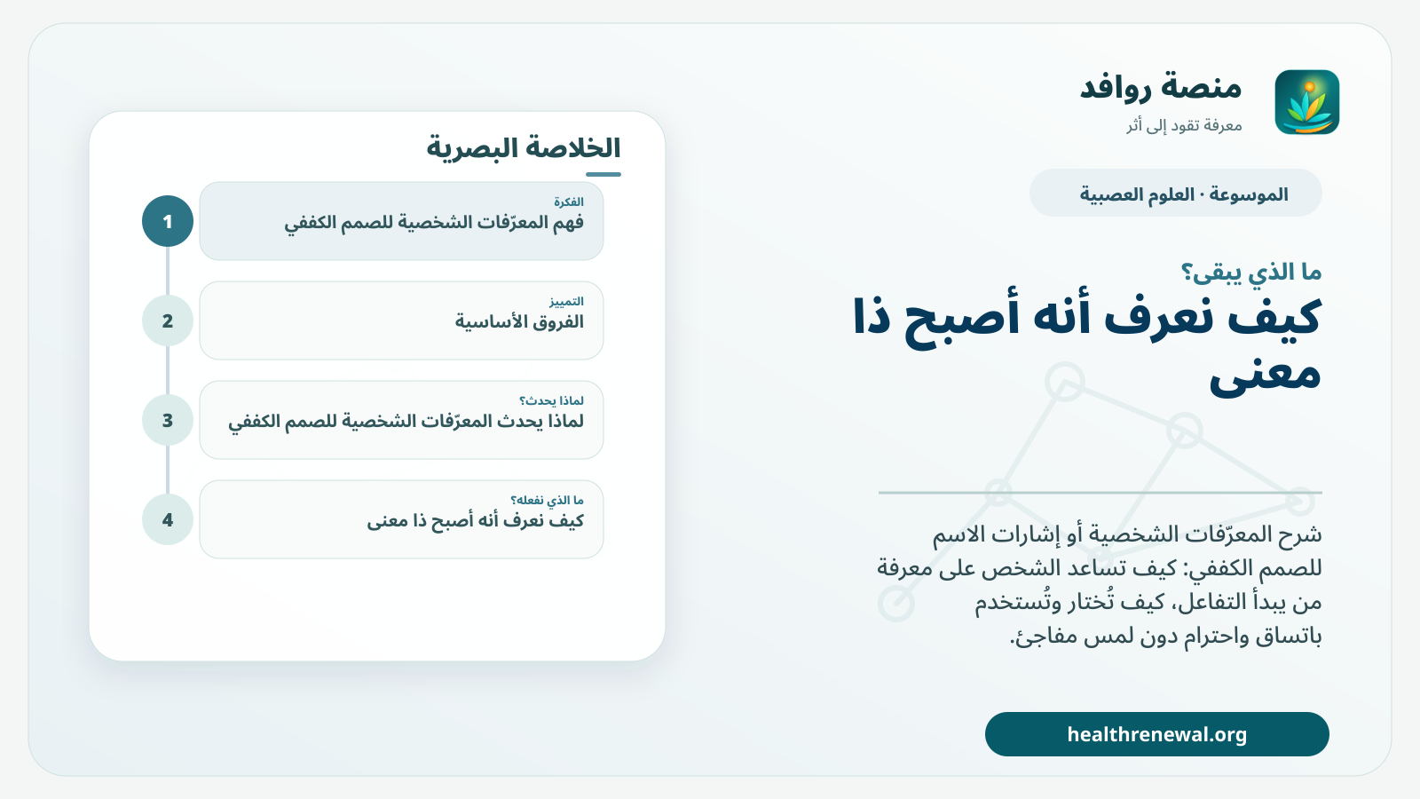 مخطط ختامي من منصة روافد يلخص «المعرّفات الشخصية للصمم الكففي» ويعرض أهم المحاور والخطوات التالية