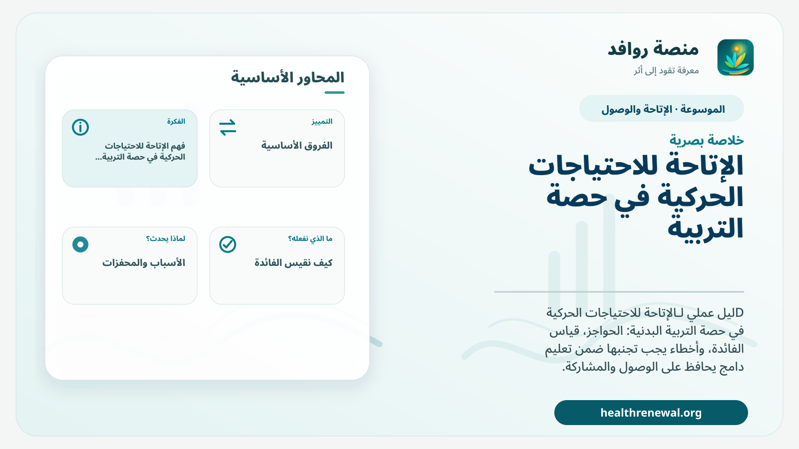 صورة بارزة من منصة روافد تلخص «الإتاحة للاحتياجات الحركية في حصة التربية البدنية» بصريًا وفق محاور الصفحة الأساسية